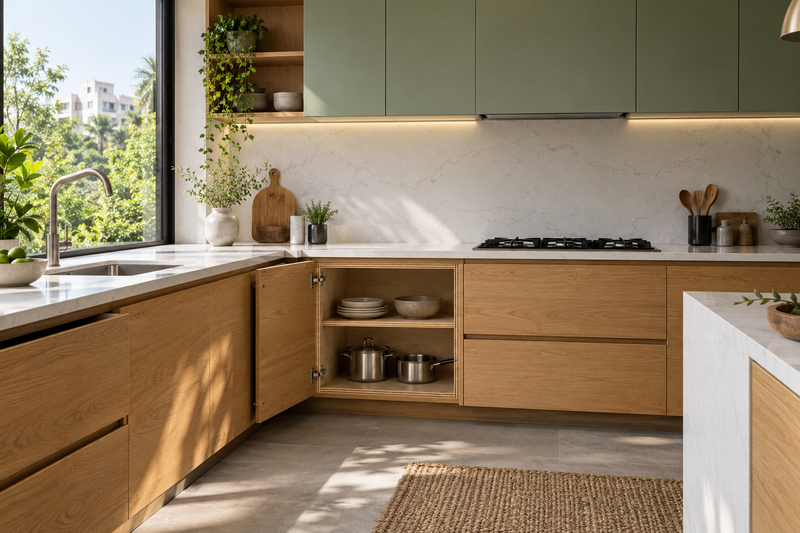 AI interior concept: Modular kitchen material detail, open oak-base cabinet revealing plywood construction, white quartz counter and sage uppers
