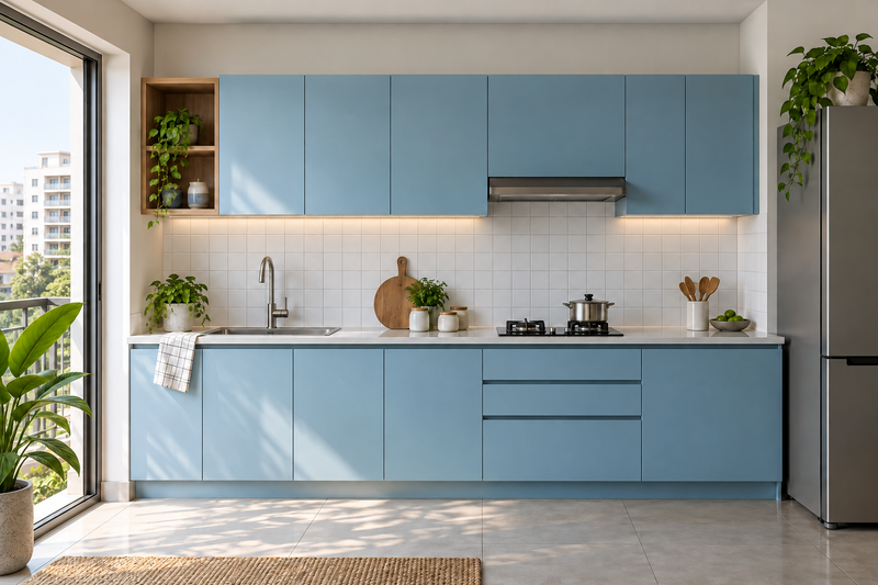 AI design illustration: Budget-conscious straight modular kitchen, matte sky-blue laminate cabinets, stainless sink and simple white tiled backsplash