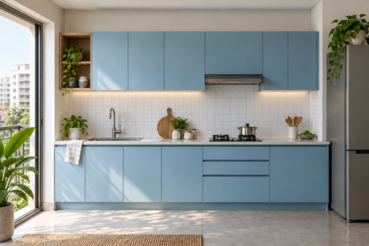 AI interior concept: Budget-conscious straight modular kitchen, matte sky-blue laminate cabinets, stainless sink and simple white tiled backsplash