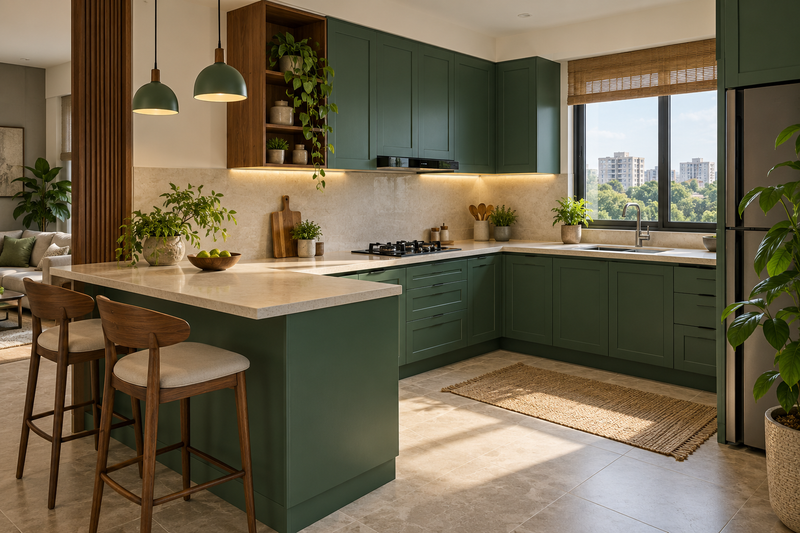 AI interior concept: Beautiful compact L-shaped apartment kitchen with forest-green cabinets, corner storage and breakfast peninsula
