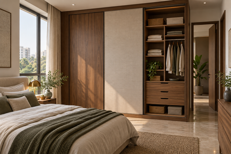 AI interior concept: Full-height bedroom wardrobe in walnut and linen finish, one sliding panel open revealing organized shelves and drawers