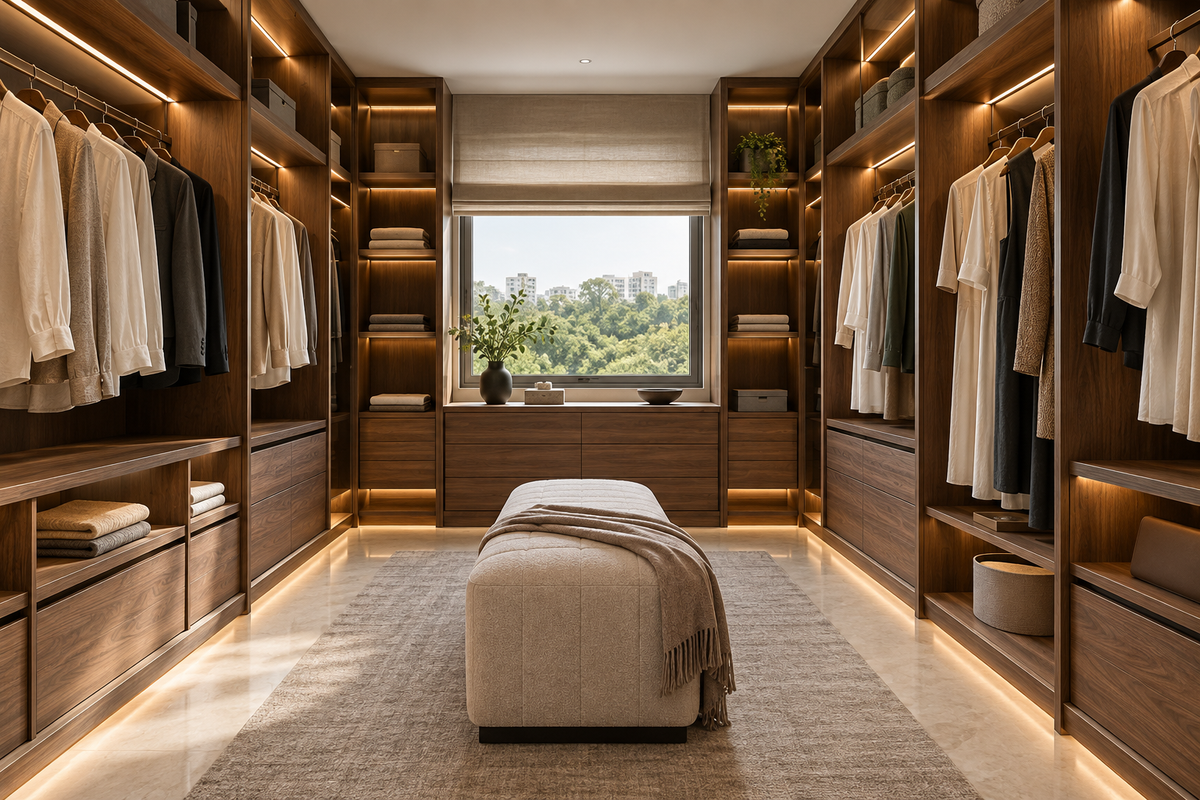 AI design illustration: Elegant walk-in wardrobe with U-shaped illuminated walnut storage, hanging plain garments and central upholstered bench