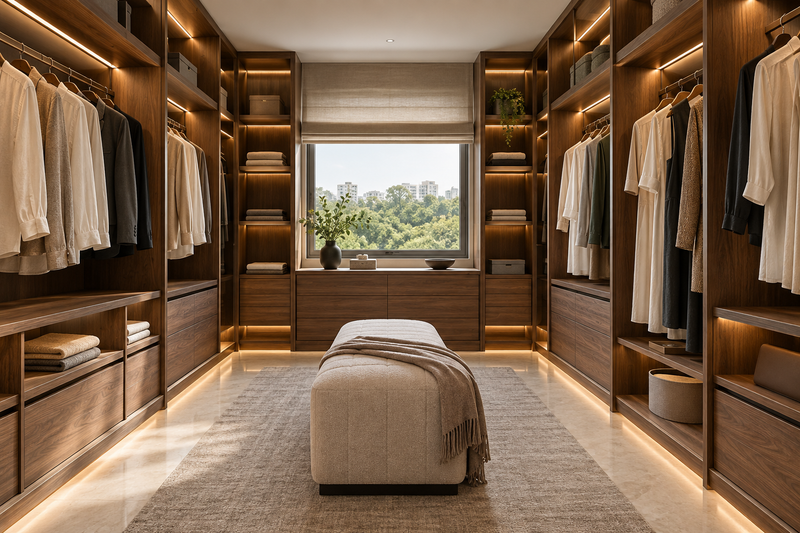 AI design illustration: Elegant walk-in wardrobe with U-shaped illuminated walnut storage, hanging plain garments and central upholstered bench