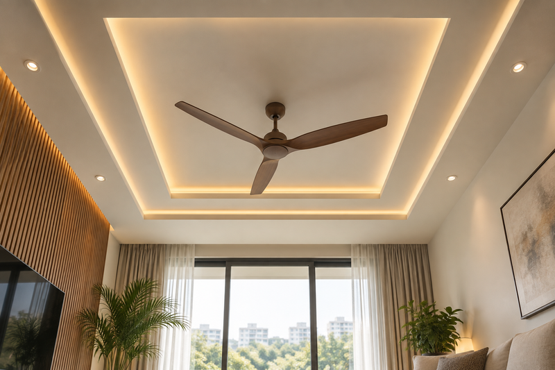 AI design illustration: Upward-focused living room architectural photograph of restrained layered gypsum false ceiling with cove lighting and central fan