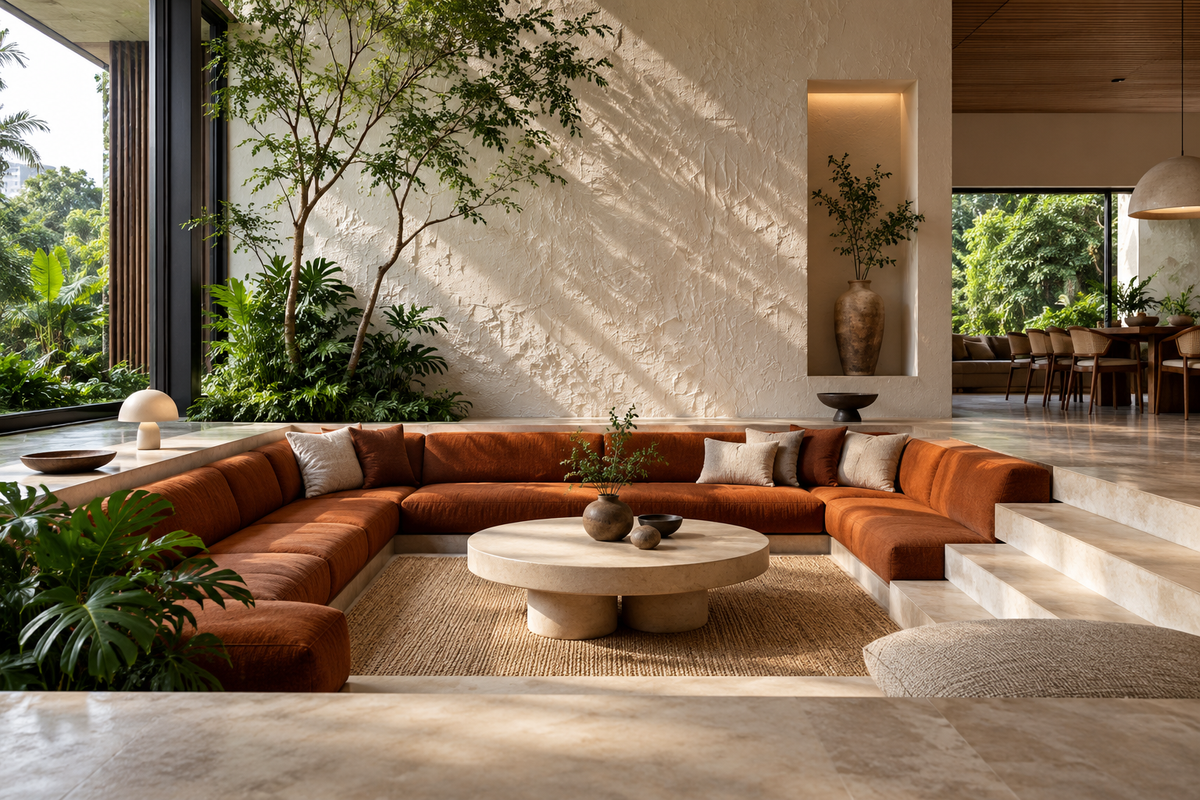 AI design illustration: Modern sunken-style lounge composition with rust sofa, sculptural round coffee table, textured white wall and indoor greenery
