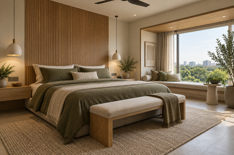 AI design illustration: Serene master bedroom, king bed with tall fluted oak headboard, olive bedding, pendant bedside lights and window lounge