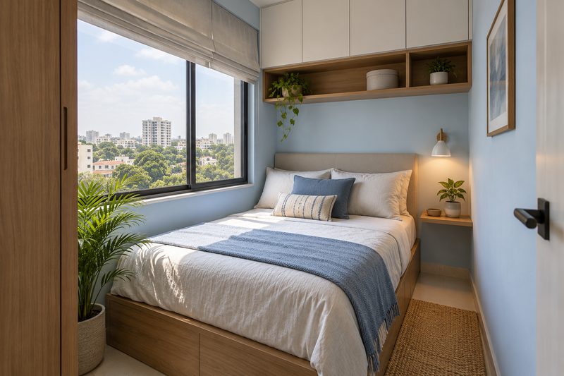 AI interior concept: Tiny bedroom with compact bed tucked beside window, overhead storage, narrow floating bedside ledge and pale blue walls