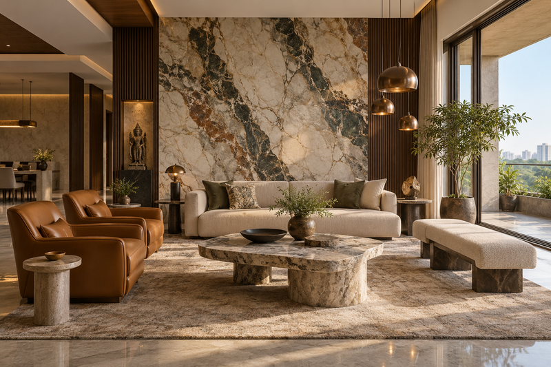 AI design illustration: Luxury Indian home with dramatic marble feature wall, caramel leather chairs, bronze lighting and curated stone furniture