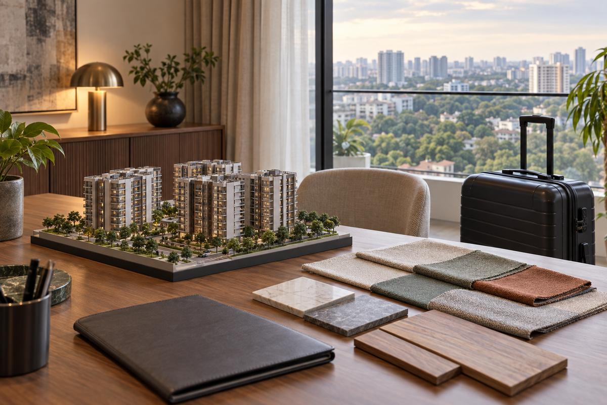 AI interior concept: NRI homeowner planning desk with miniature Bangalore apartment model, closed travel case and fabric samples by window