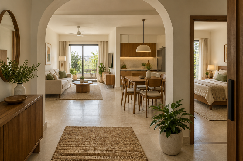 AI interior concept: Complete furnished apartment seen through arched foyer, dining kitchen and bedroom doorway visible, calm ivory and teak