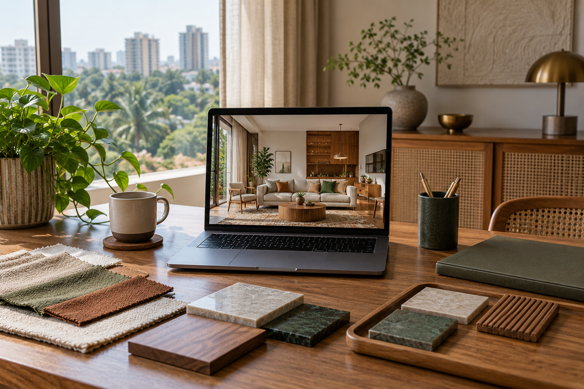 AI interior concept: Remote interior planning workspace, open laptop showing only a photoreal room image without interface or text, material samples beside it