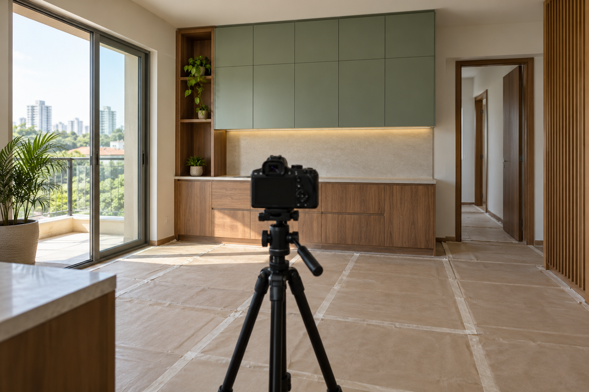 AI design illustration: Apartment renovation remotely documented, tripod-mounted camera facing newly installed cabinets and neatly protected flooring