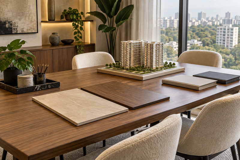 AI interior concept: Design selection meeting table without people, two plain finish boards, apartment model and cream upholstered chairs