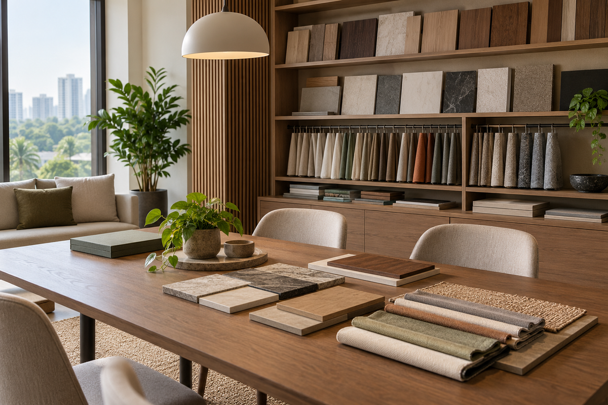 AI interior concept: Home interior design service concept, organized sample library of plain boards and textiles in contemporary consultation studio