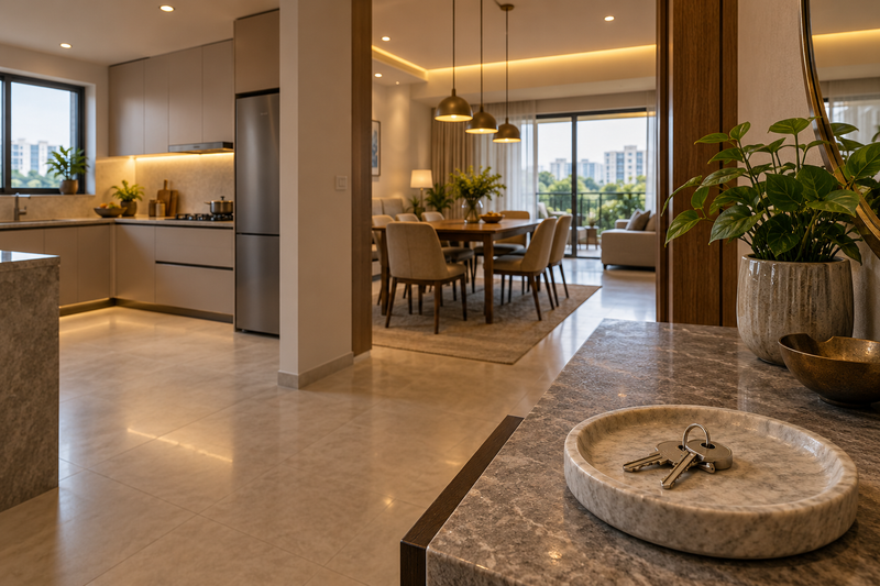 AI interior concept: Turnkey handover apartment, plain keys on stone console, fully fitted kitchen and warmly lit finished dining beyond