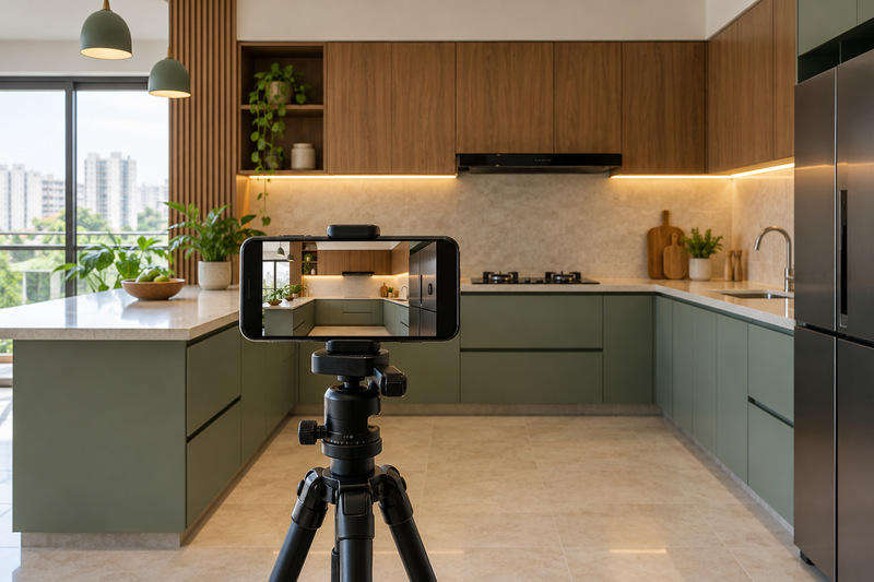 AI design illustration: Project progress monitoring concept, smartphone on tripod framing a tidy kitchen installation, no interface or visible text