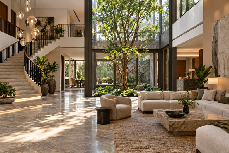 AI design illustration: Luxurious NRI villa interior with internal courtyard tree, sweeping staircase, stone floors and airy double-height lounge