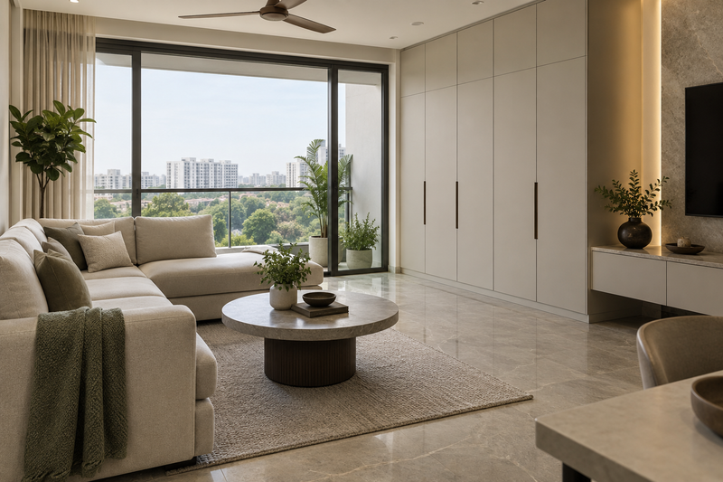 AI interior concept: Low-maintenance NRI apartment, closed full-height storage, neutral sofa, durable stone flooring and simple uncluttered surfaces