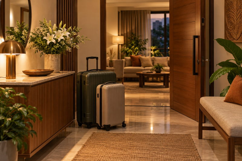 AI design illustration: Welcoming return-home foyer with two unbranded suitcases, fresh flowers, warm seating and soft evening lighting