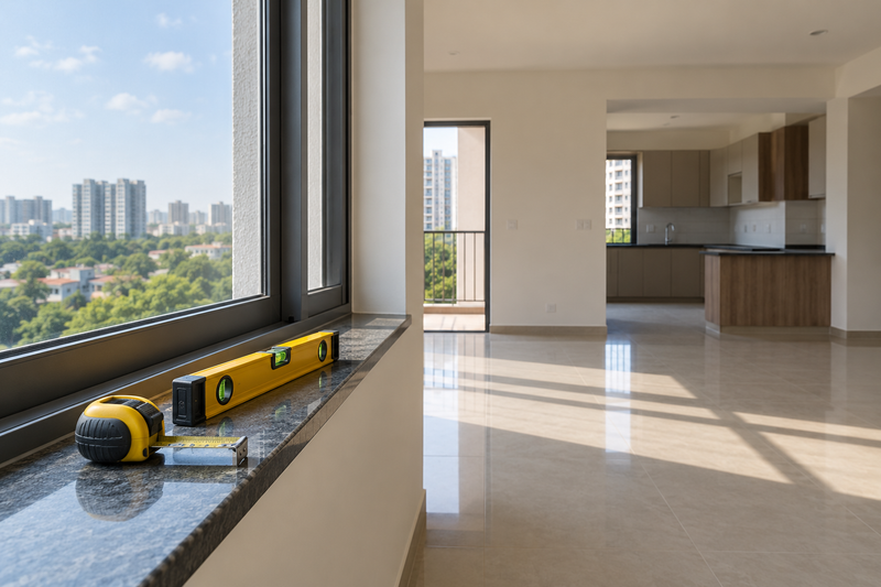 AI design illustration: New apartment inspection scene, plain measuring tape and spirit level on window sill, empty room and kitchen services beyond