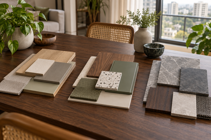 AI design illustration: Interior budget choices still life on dark walnut table, three distinct unlabelled material palettes from simple laminate to stone