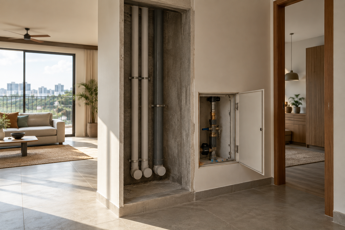 AI design illustration: Remote renovation challenge concept, unfinished utility niche with neatly capped pipes and accessible service hatch