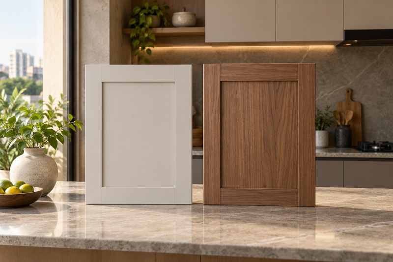AI design illustration: Neutral design comparison scene, two different unlabelled kitchen door samples side by side on elegant studio bench