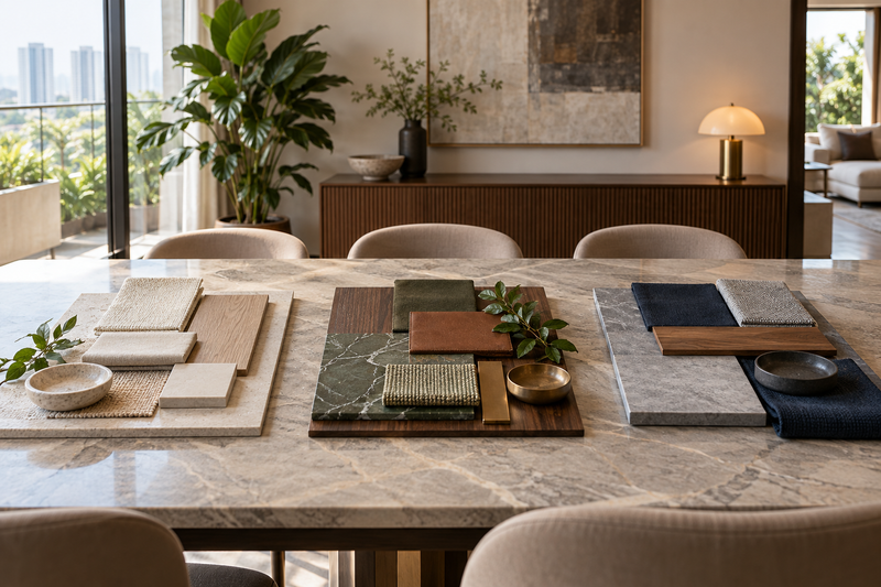 AI design illustration: Three distinct unlabelled material and colour palettes arranged in three orderly groups on long consultation table