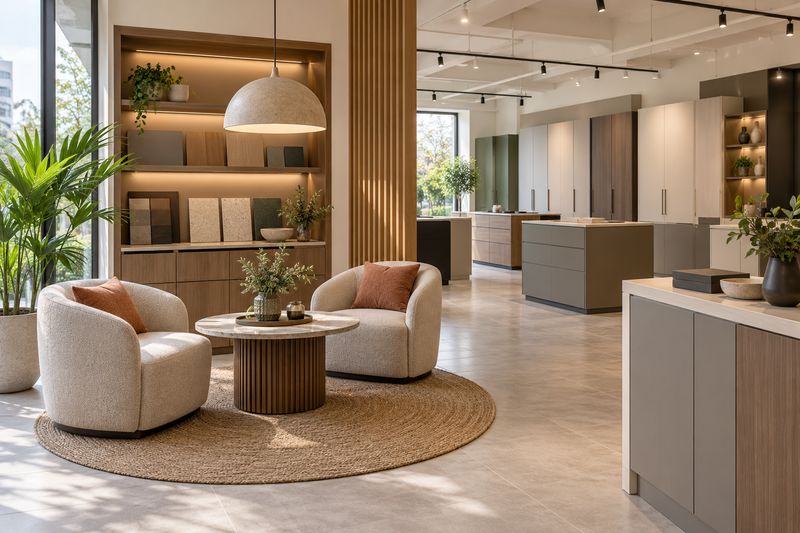 AI interior concept: Large bright design showroom with individual cosy consultation nook in foreground, rows of plain cabinetry behind