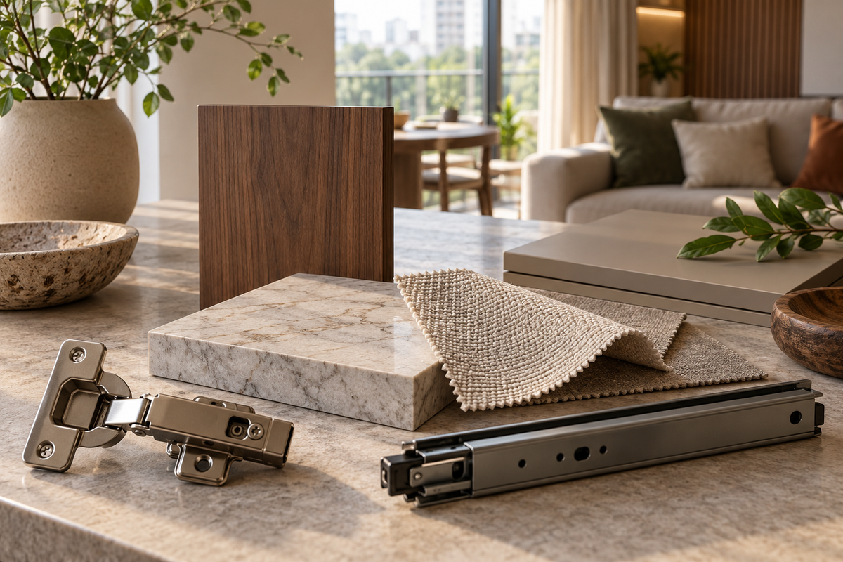 AI interior concept: Interior selection still life, cabinet hinge, drawer runner, stone sample, upholstery swatch and timber panel neatly arranged