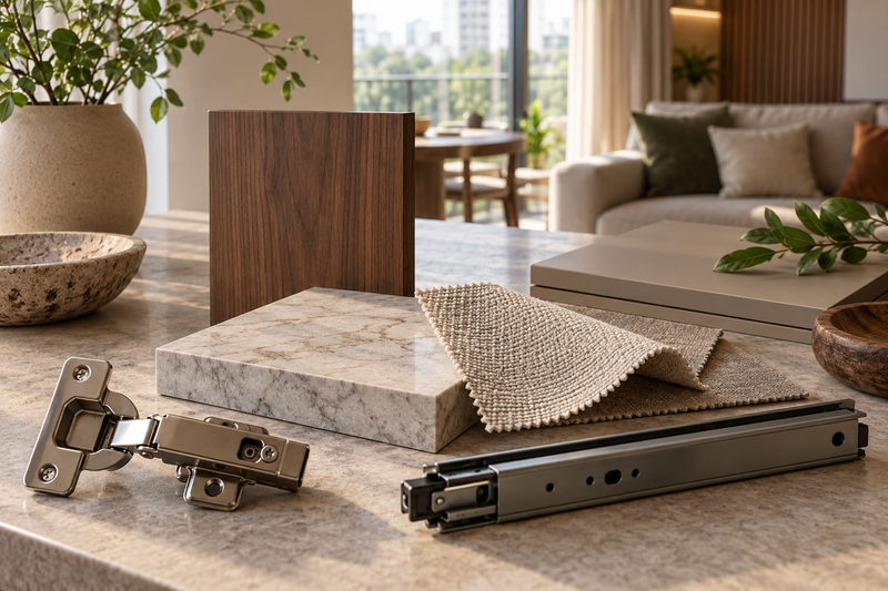AI interior concept: Interior selection still life, cabinet hinge, drawer runner, stone sample, upholstery swatch and timber panel neatly arranged