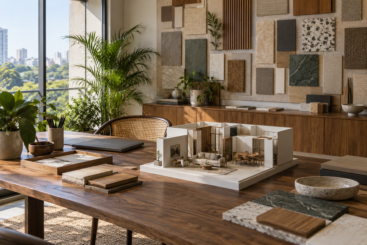 AI design illustration: Independent design studio desk with hand-built room model and wall of unlabelled finish boards, natural light