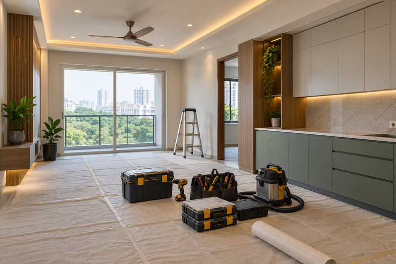 AI interior concept: Coordinated fit-out site, completed ceiling and fitted base cabinets with neatly organised trade tools on covered floor