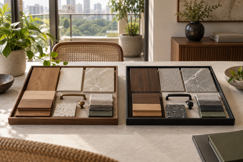 AI interior concept: Two unlabelled material specification trays on light table, each contains wood, hardware and stone samples for quote comparison