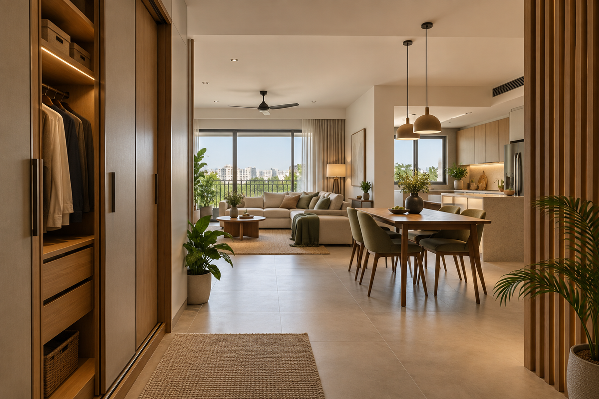 AI design illustration: Full home package concept, wide cross-room view from fitted wardrobe in foreground to living dining and open kitchen