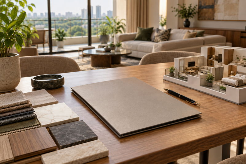 AI design illustration: Quiet contract consultation setting without people, plain closed document folder, pen, finish samples and apartment model