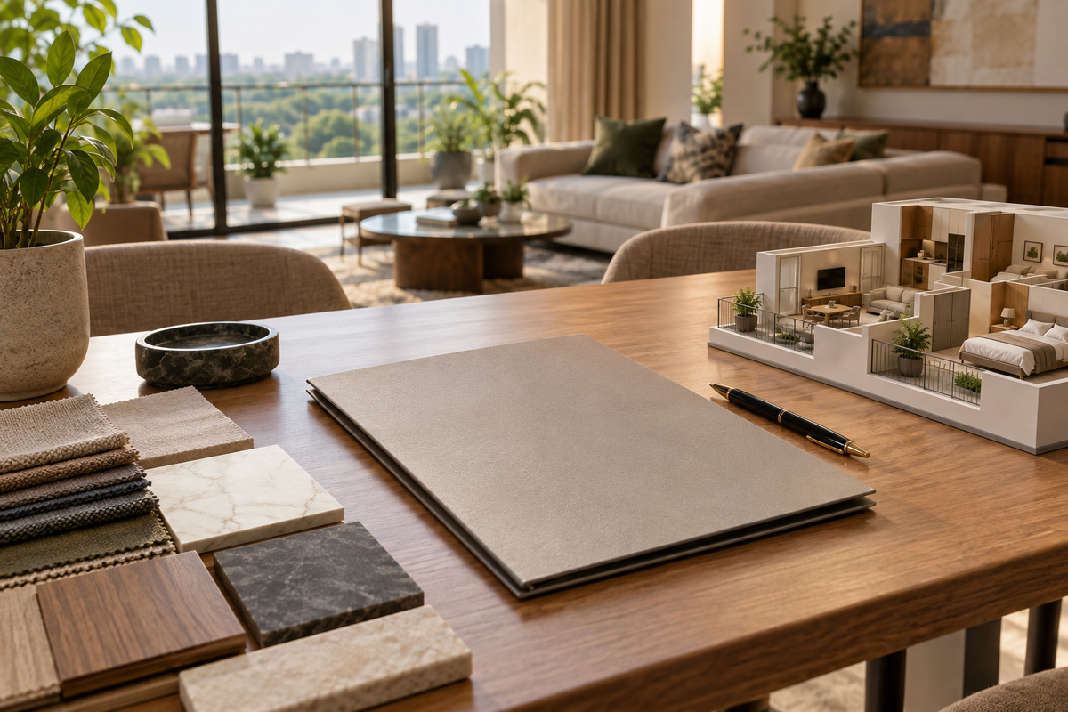 AI interior concept: Quiet contract consultation setting without people, plain closed document folder, pen, finish samples and apartment model