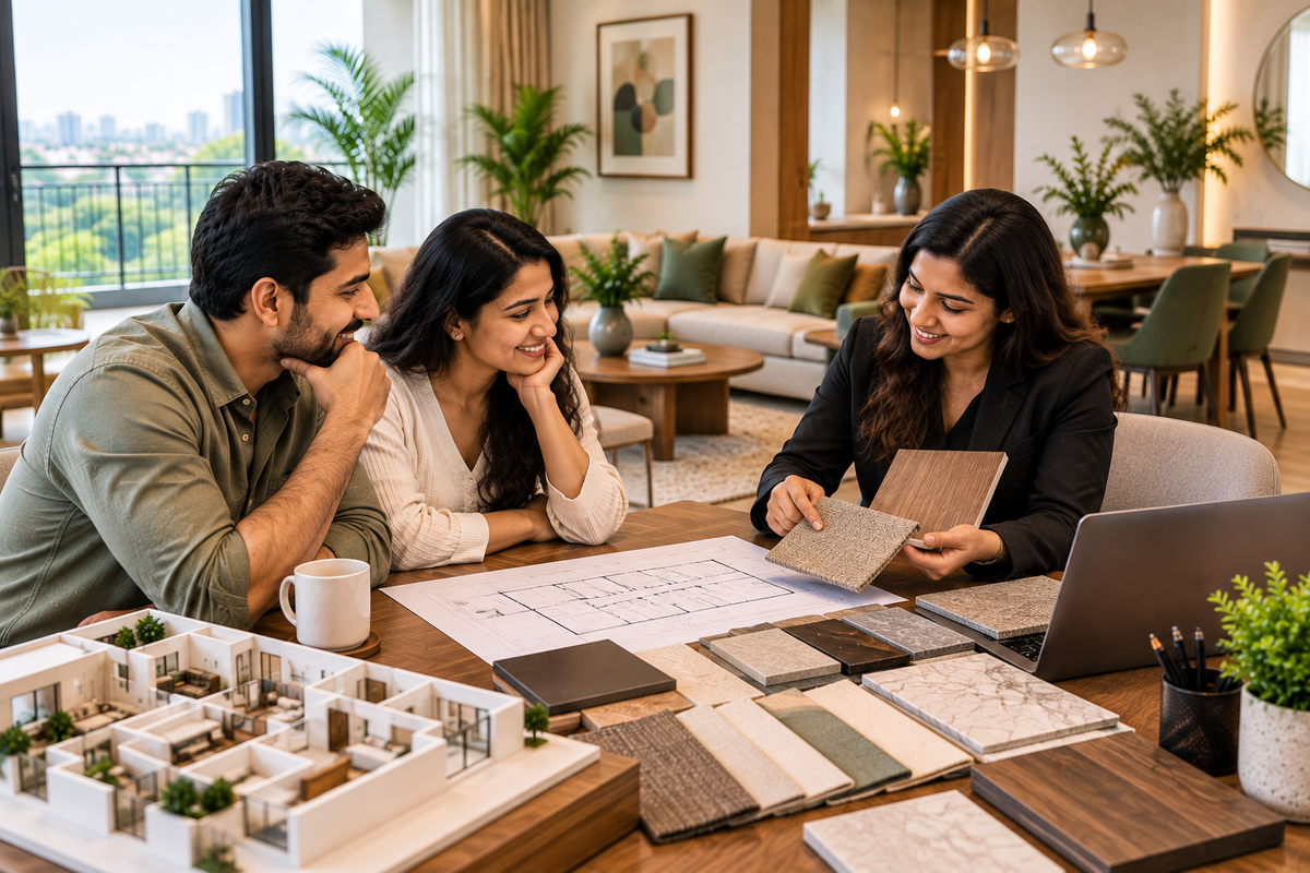 Indian homeowners reviewing completed interior work, material samples and project details with a professional designer