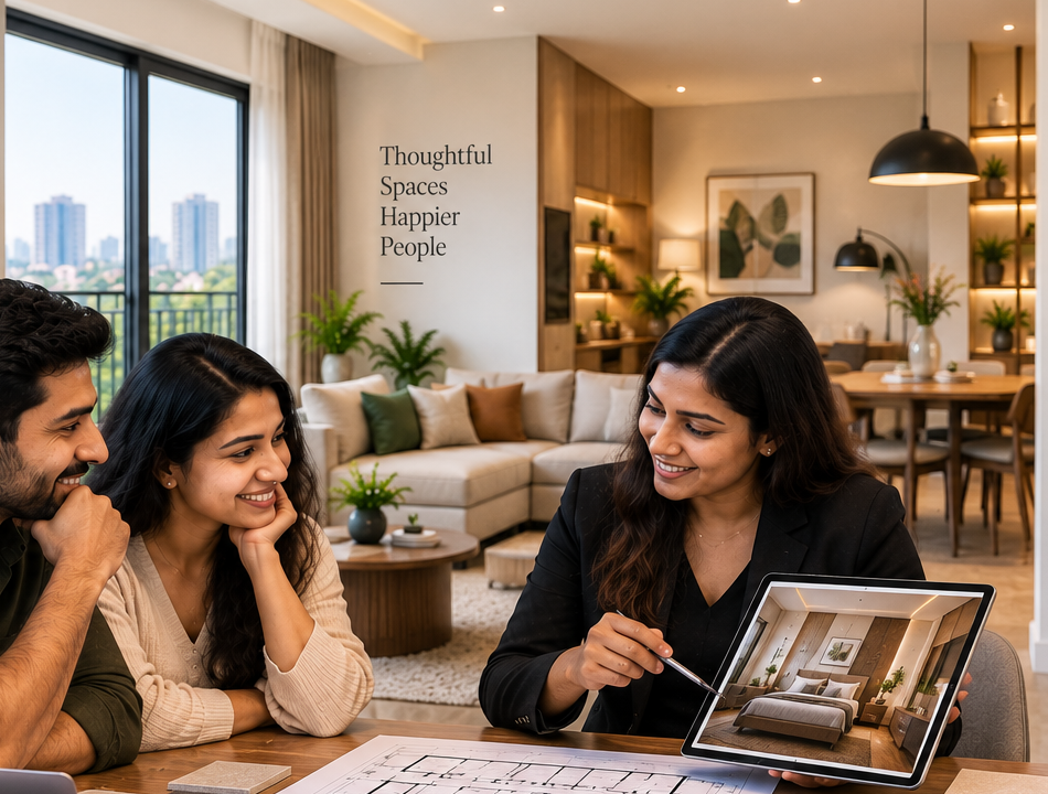 Modern Indian home interior showing a homeowner consultation with an interior designer and project planning materials
