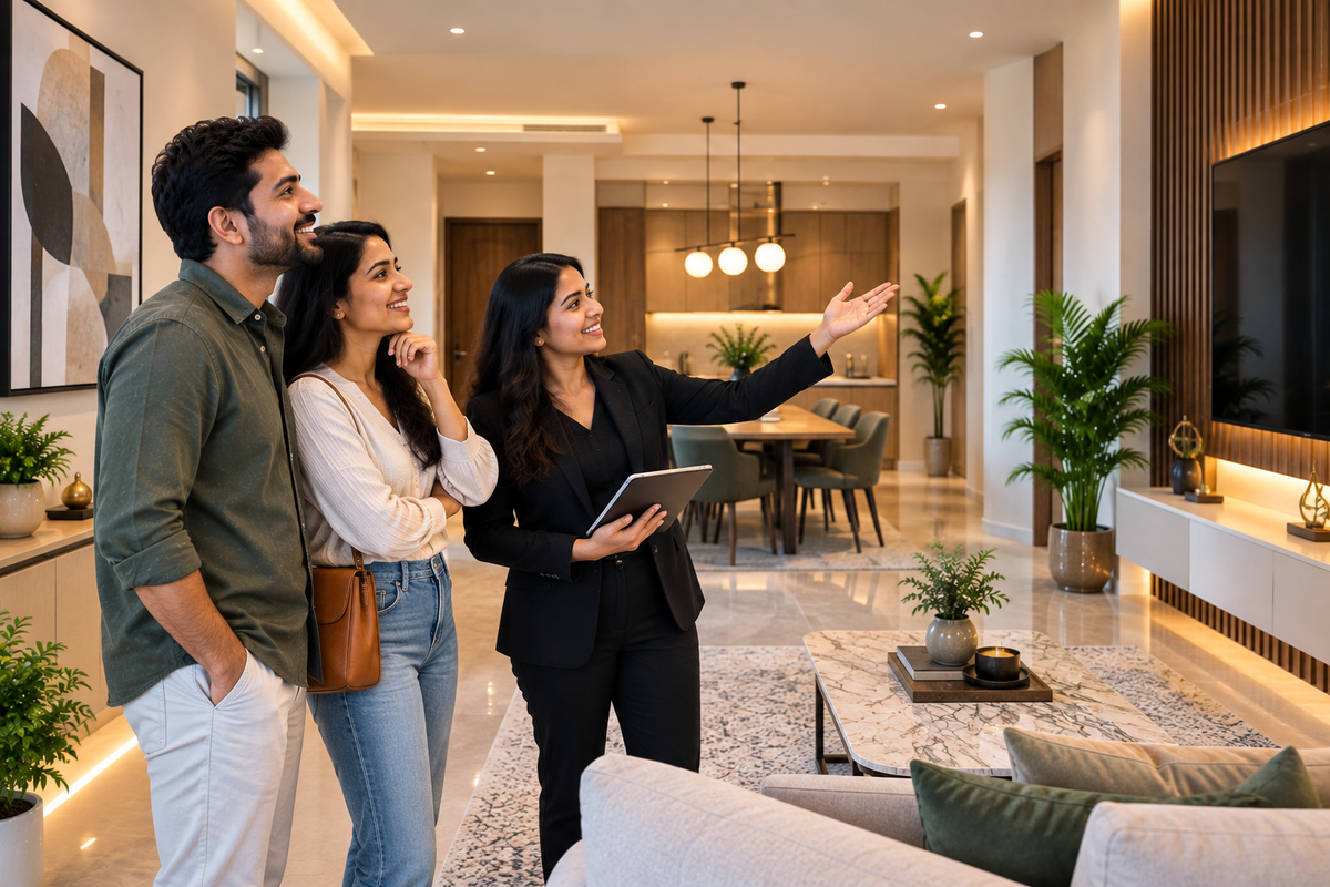 Indian homeowners reviewing an interior designer's completed work and project details before hiring
