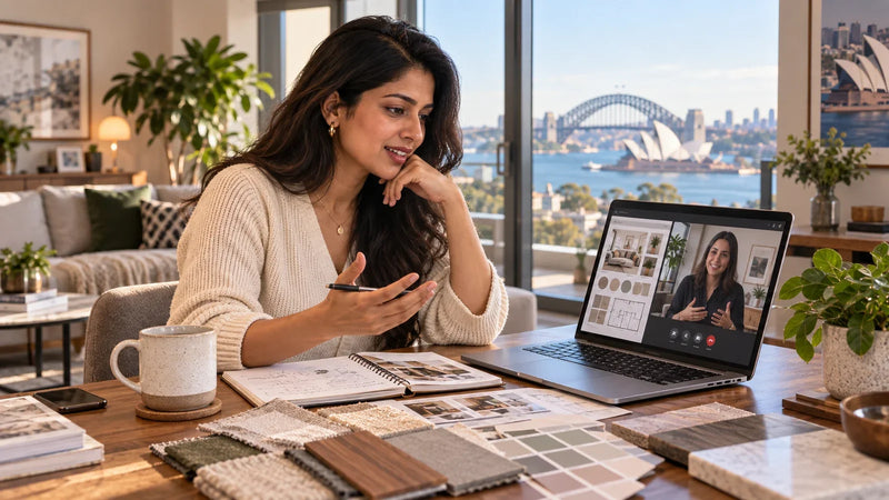 NRI woman in Australia discussing Bangalore home interiors on a video call