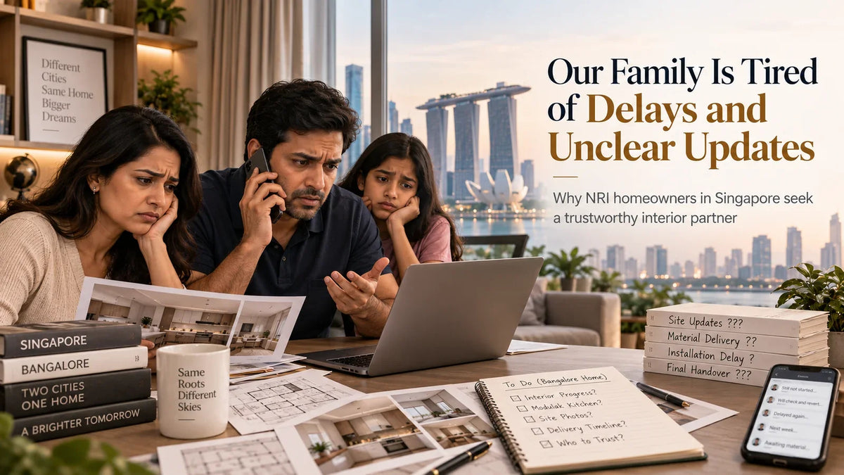 NRI family in Singapore reviewing plans for their Bangalore home interiors