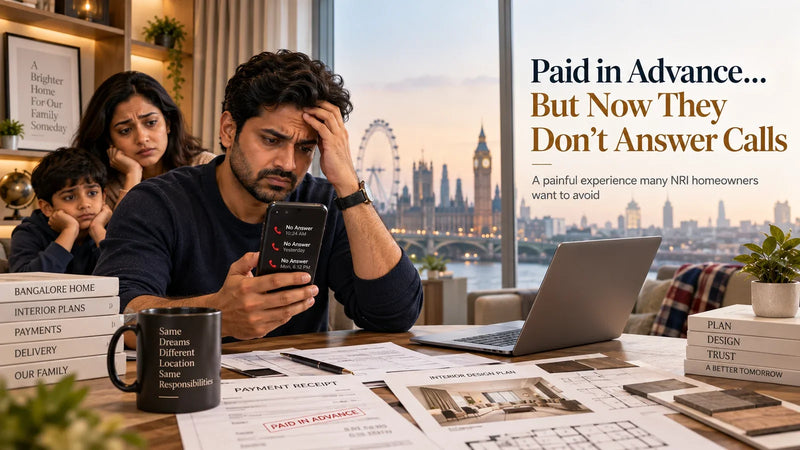 NRI homeowner in the UK reviewing a Bangalore interior project before hiring