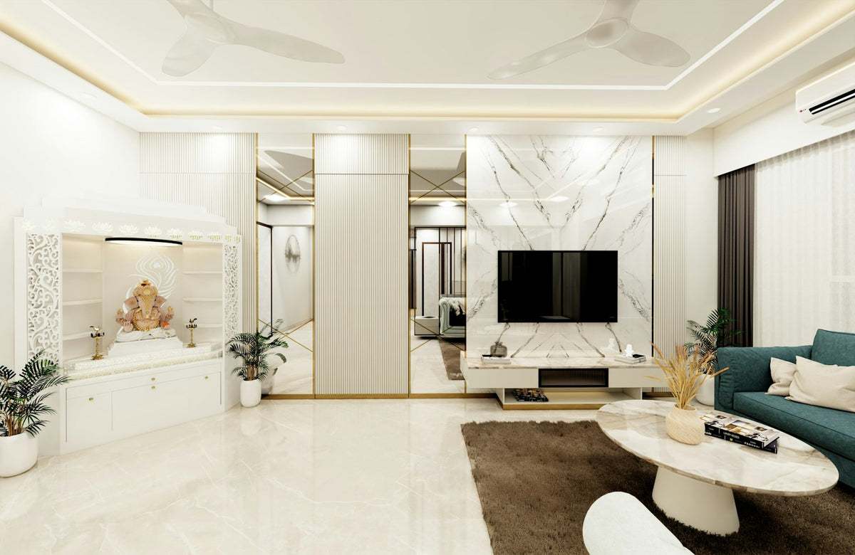 Modern Indian living room with a white pooja mandir unit and Ganesha