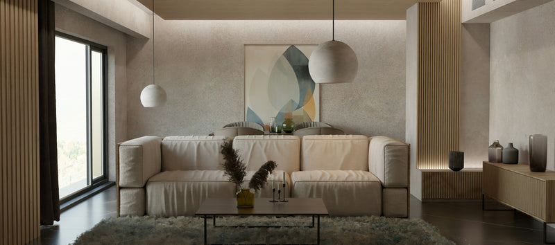 Modern contemporary living room interior with warm wood details and neutral furniture