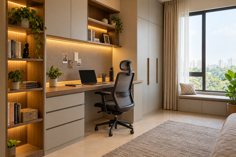 Custom study table and storage in a modern Indian home workspace