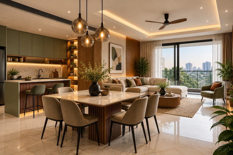 Premium Indian home interior showing smart budget prioritisation across kitchen, lighting, furniture and simpler background areas