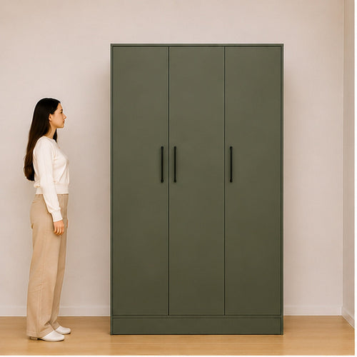 Three door olive green wardrobe front view – premium bedroom furniture in Bangalore