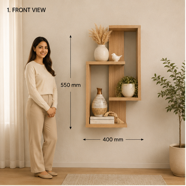 Geometric wooden wall mounted floating display shelf by Right Work Interior – view 1