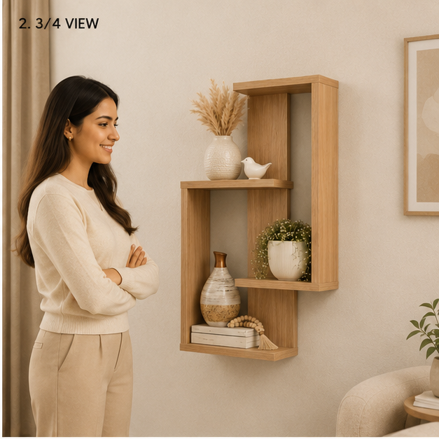 Geometric wooden wall mounted floating display shelf by Right Work Interior – view 2